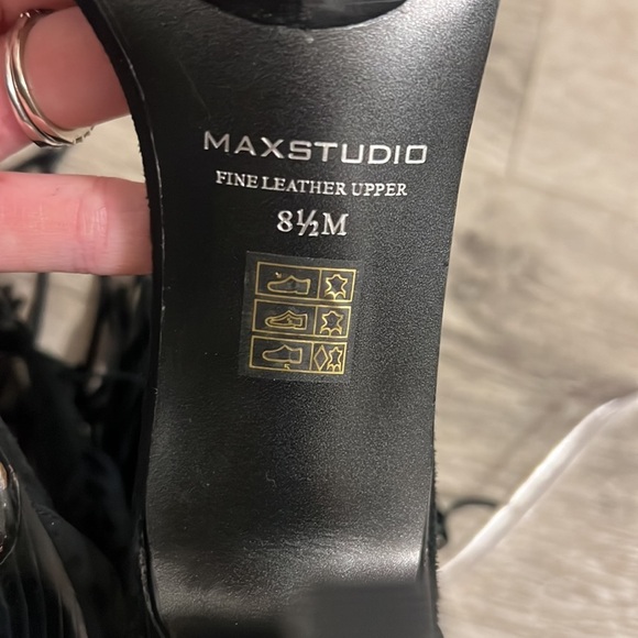 Max Studio Leather Forest Black Fringed Party Sandal Boho Platform Western Heel - Picture 7 of 10